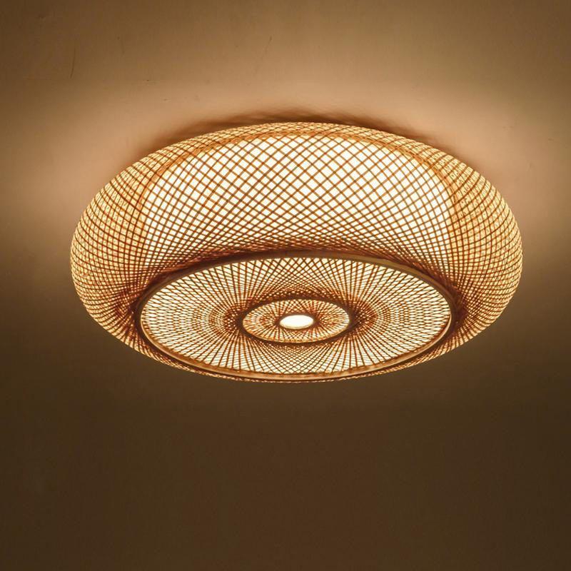 Hand Woven Bamboo Round Ceiling Light Fixture Rustic Plafon Lamp