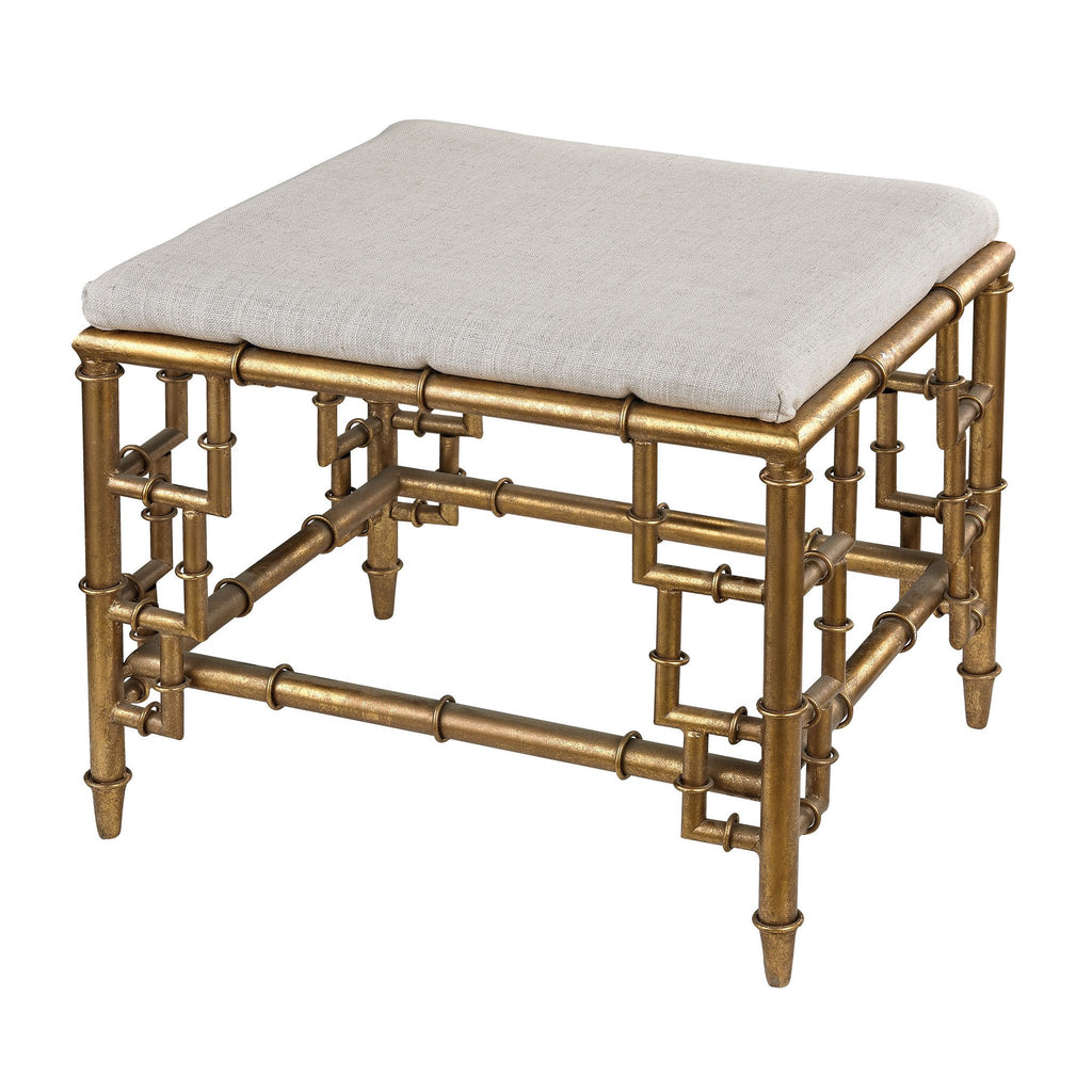 Sterling Industries Stool With Bamboo Frame In Gold Leaf And Linen Seat