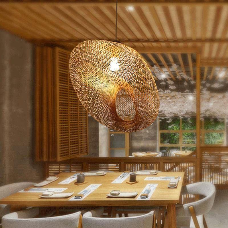 Bamboo Wave Shade Pendant Light Fixture Rustic Vintage Japanese Lamp
