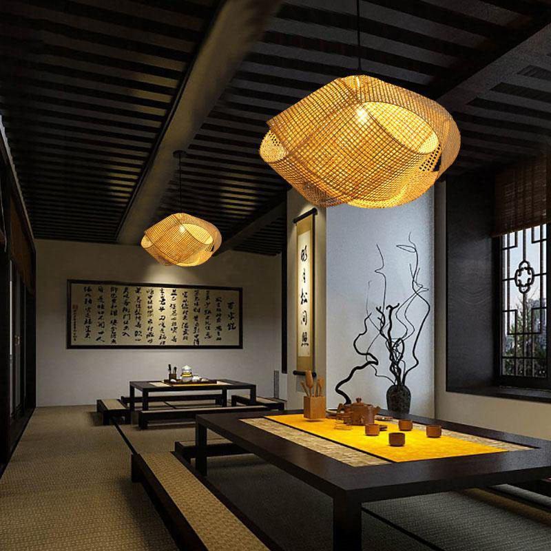 Bamboo Cloud Shade Pendant Light Fixture Tatami Hanging Ceiling Lamp Plafon