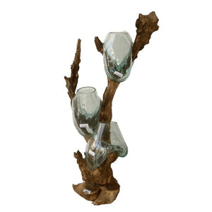 A&B Home Glass 3 Vessels - Teak Root Stand - Set Of 2