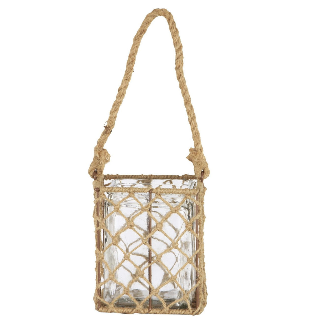 A&B Home 7" Glass Candle Holder W/Jute And Metal Basket - Set Of 2