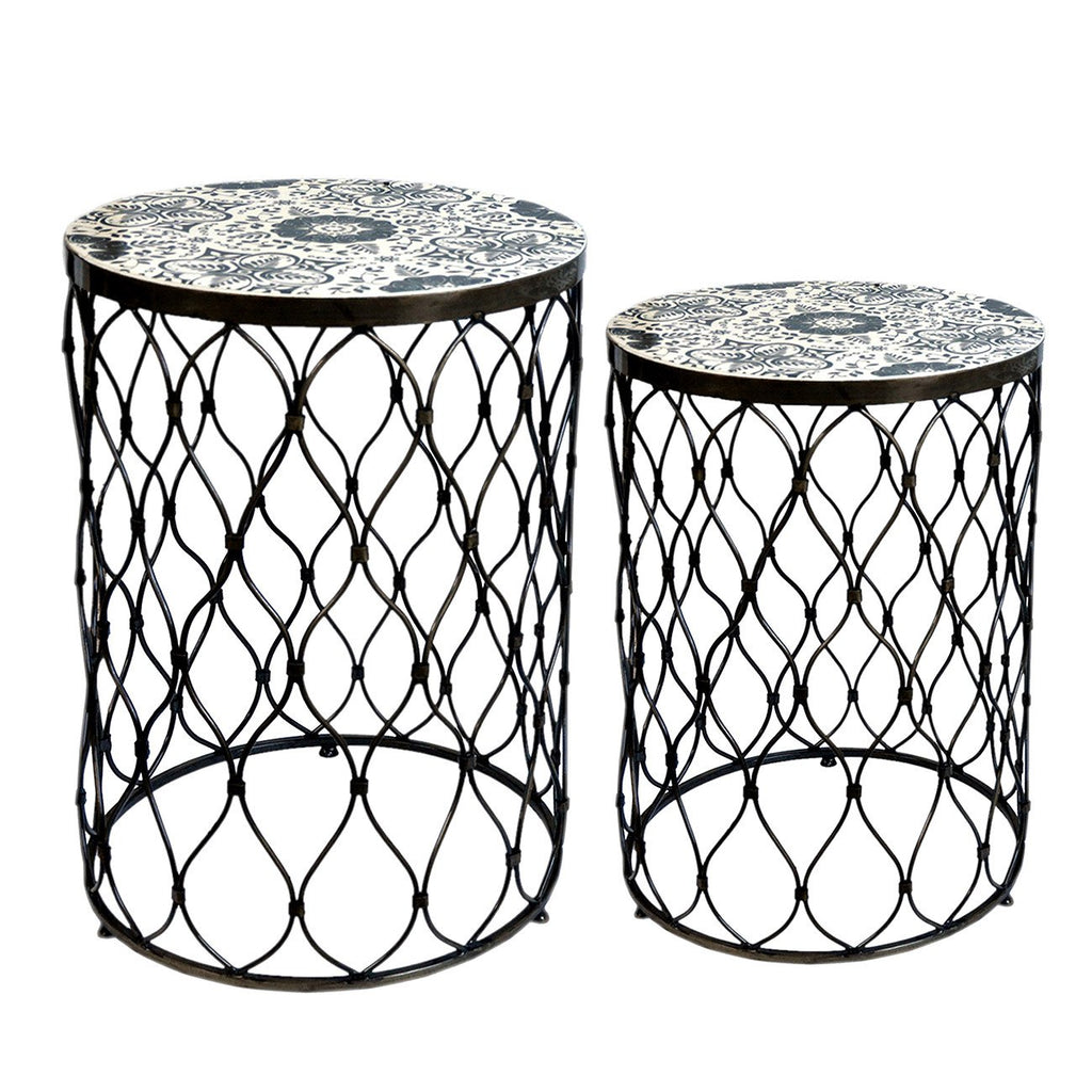 A&B Home Fenna Antique-Brass Tables With Decorative Wood Top - Set Of 2