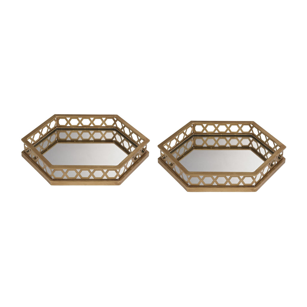 Sterling Industries Set of 2 Ribbed Hexagonal Mirrored Trays