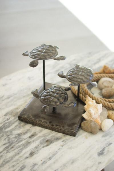 Set Of 3 Hammered Metal Sea Turtles On Metal Base