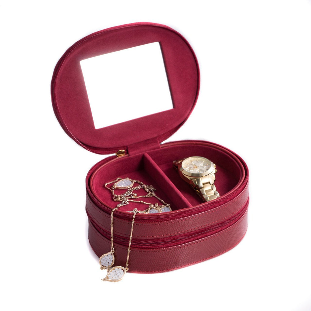 Bey-Berk Red "Lizard" Leather Two Level Jewelry Case