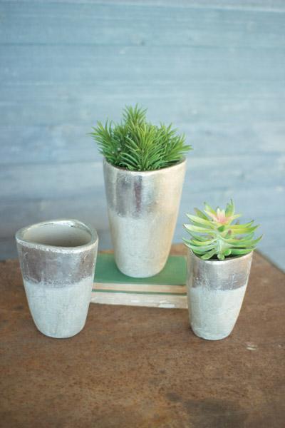 Set Of 3 Rustic Silver Ceramic Planters