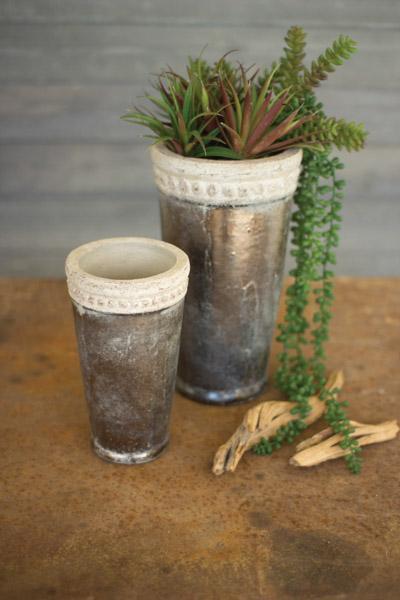 Set Of 2 Tall Rustic Copper Ceramic Planters