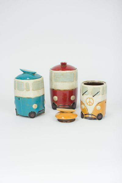 Set Of 3 Ceramic Van Canisters With Surfboard Handles