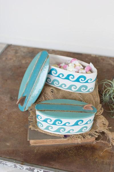 Set Of 2 Ceramic Surfboard And Waves Canisters