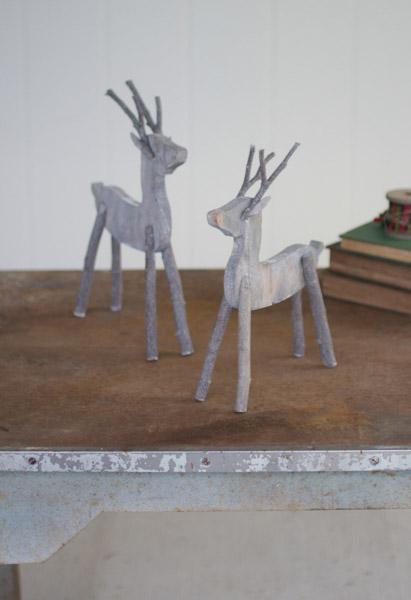 Set Of 2 White Washed Wood And Twig Reindeer