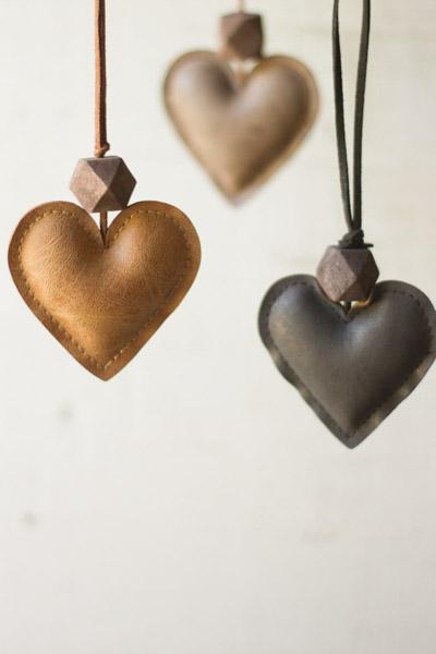 Set Of 3 Leather Heart Ornaments