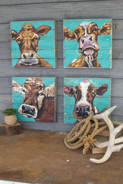 Set Of 4 Cow Paintings On Recycled Wood Panels