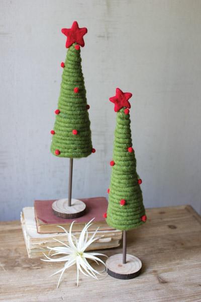 Set Of 2 Coiled Felt Trees With Wood Bases