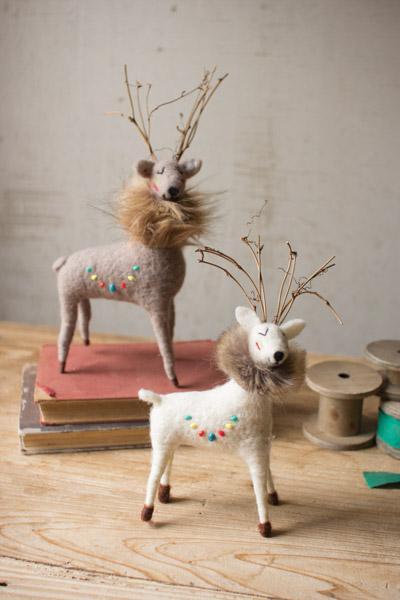 Set Of 2 Felt Deer With Fur Collars