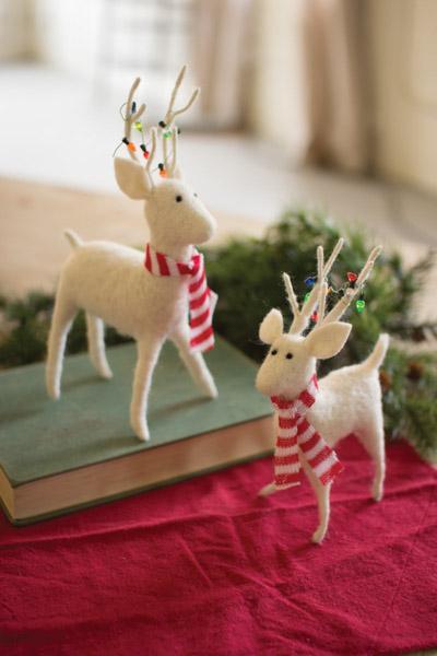 Set Of 2 Felt Deer With Scarves And Christmas Lights