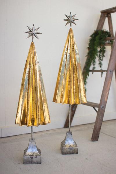Set Of 2 Folded Gold Metal Trees With Silver Star