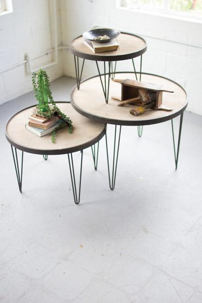 Set Of 3 Round Side Tables With Wooden Tops