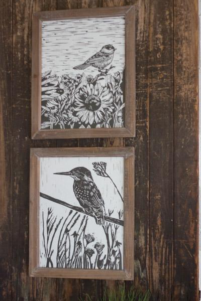 Set Of 2 Black And White Framed Bird Prints Under Glass