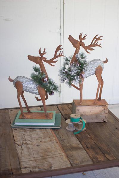 Set Of 2 Rustic Galvinized Reindeer W Faux Pine Wreaths