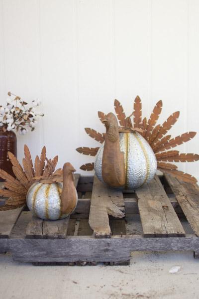 Set Of 2 Rustic Galvanized Pumpkin Turkeys