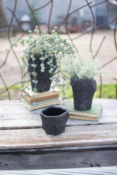 Set Of 3 Faux Burnt Stump Concrete Planters