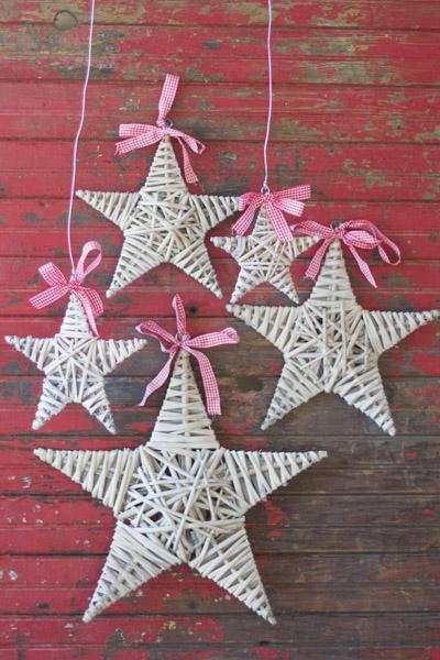 Set Of 5 Grey Willow Stars With Red And White Ribbon