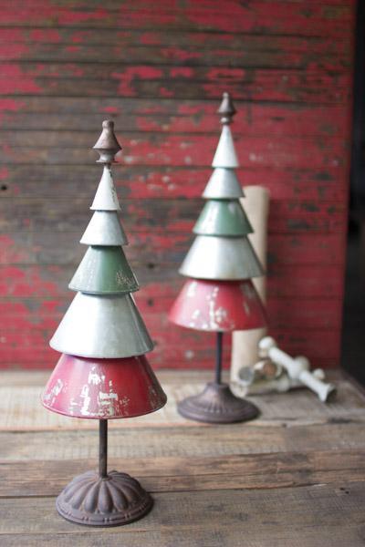 Set Of 2 Galvanized Red And Green Metal Trees