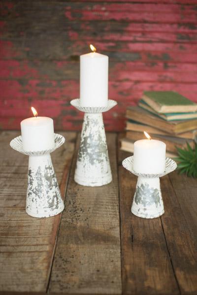 Set Of 3 White Galvanized Candle Towers/Vases
