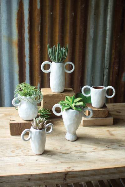 Set Of 5 Ceramic Vases With Ring Handles   White