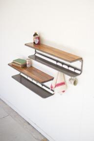 Set Of 2 Wood And Metal Wall Shelves And Coat Hooks