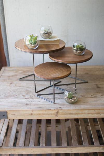 Set Of 3 Round Wire Display Risers With Wood Tops