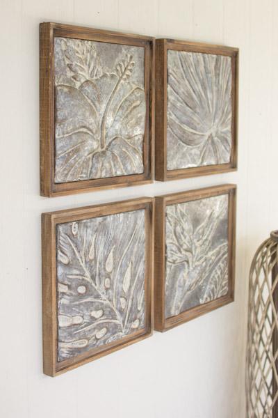 Set Of 4 Framed Tropical Pressed Metal Tiles
