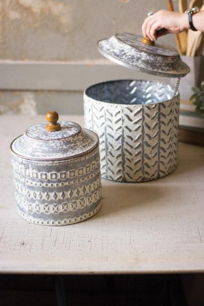 Set Of 2 Pressed Tin Canisters