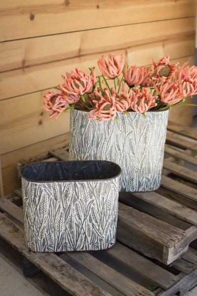 Set Of 2 Oval Pressed Metal Buckets With Leaves Pattern