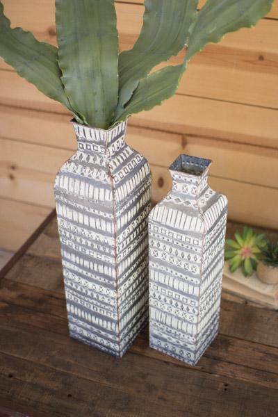 Set Of 2 Pressed Metal Tall Flower Vases