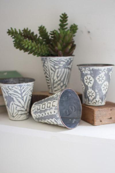Set Of 4 Pressed Metal Flower Buckets