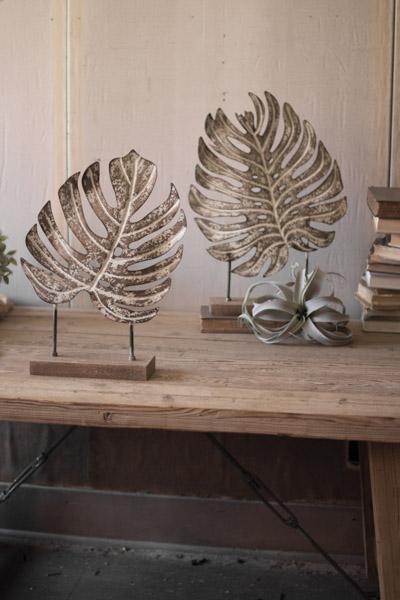 Set Of 2 Metal Monstera Leaves On Wooden Bases
