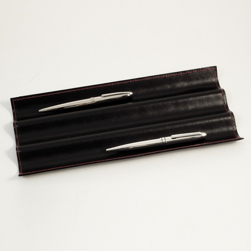 Bey-Berk Black Leather Pen Tray W/ Red Stitching