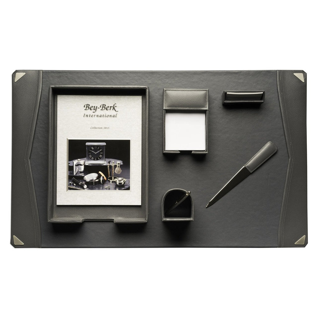 Bey-Berk 6 Piece Grey Leather Desk Set