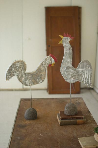 Set Of 2 Rooster And Hen With River Rock Bases   Red And White