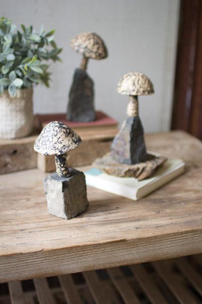 Set Of 3 Black And White Mushrooms On Stone Bases