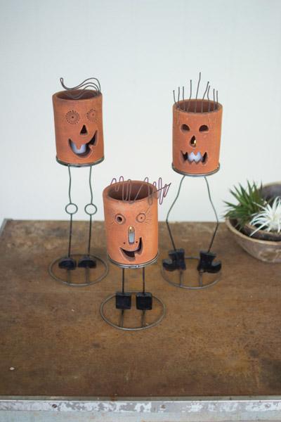 Set Of 3 Clay Cylinder Jack O Lanterns On Legs