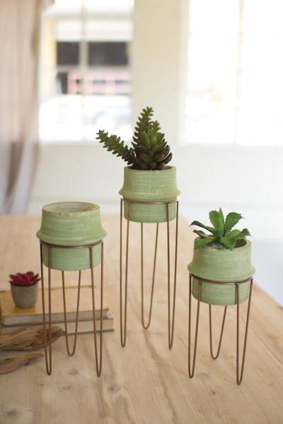 Set Of 3 Clay Candle Holder/Planters With Copper Finish Bases