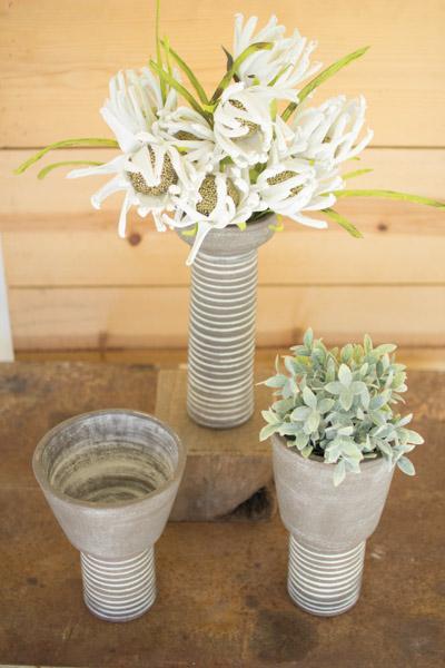 Set Of 3 Clay Grey Wash Ribbed Vases