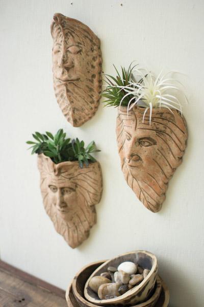 Set Of 3 Clay Leaf Wall Face Planters