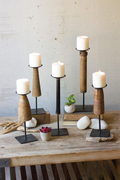 Set Of 5 Assorted Recycled Wooden Candle Stands With Iron Base