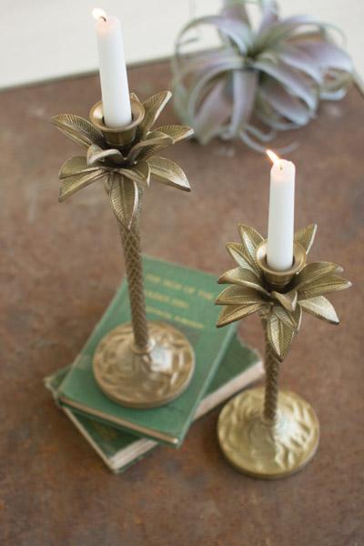 Set Of 2 Antique Brass Palm Tree Candle Holders