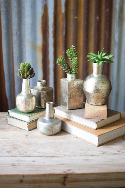 Set Of 5 Metal Bud Vases   Verdigris And Brass