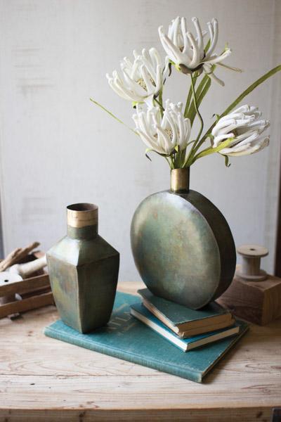 Set Of 2 Metal Vases   Verdigris And Brass